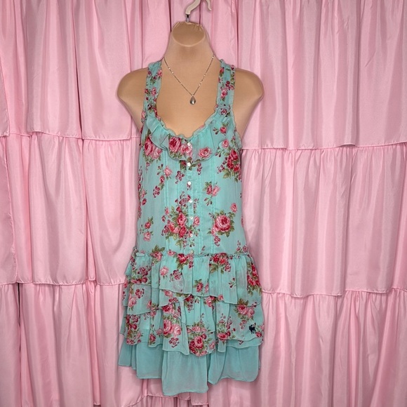 Abercrombie & Fitch Aqua Floral Ruffle Racerback Dress - Size Small - Picture 1 of 7